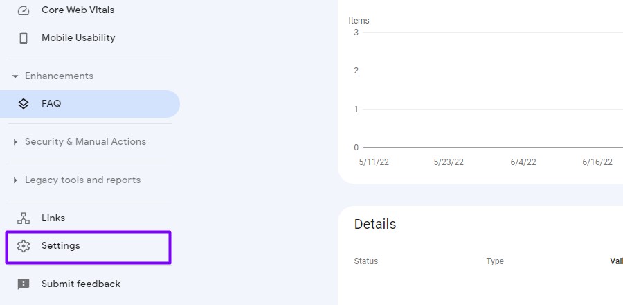 Settings in the Google Search Console menu