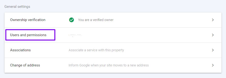 Users and permissions menu in the general settings