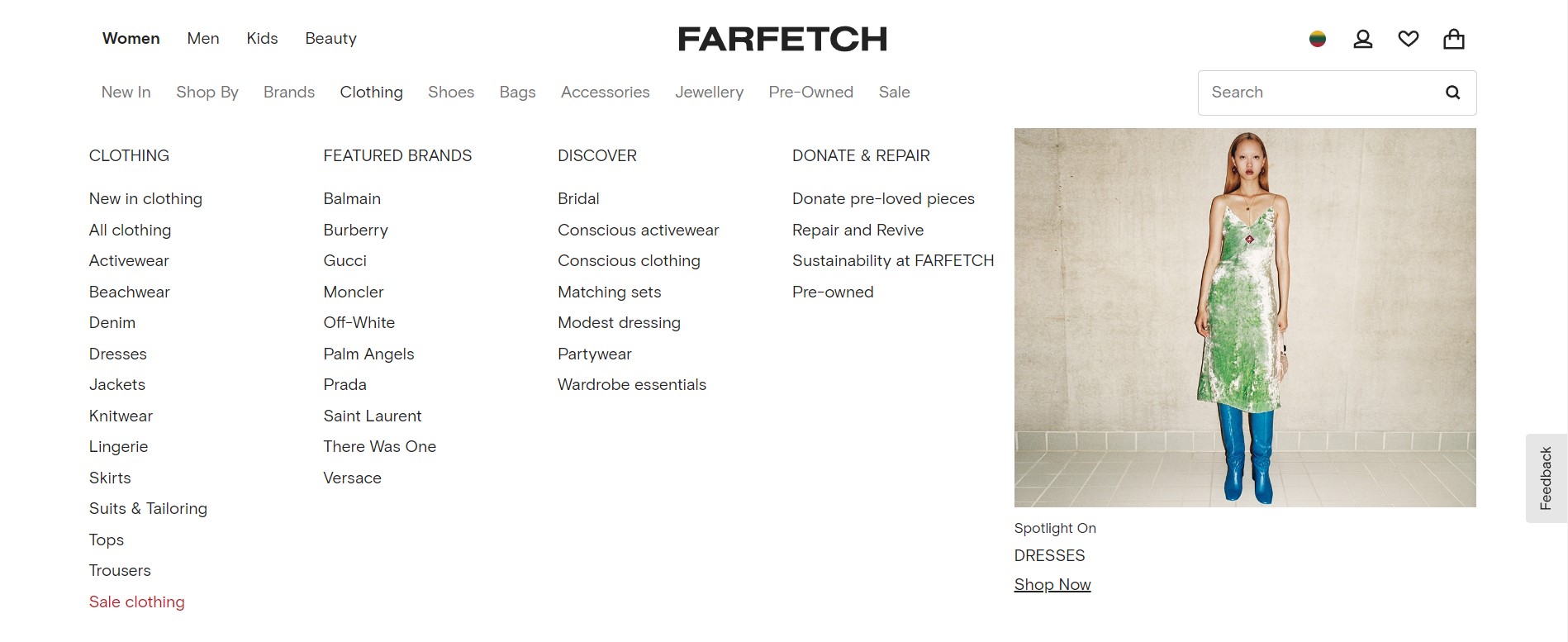 farfetch top navigation menu structure with secondary menu linking to subcategories