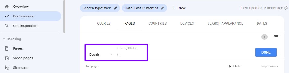 finding zero click pages in google search console