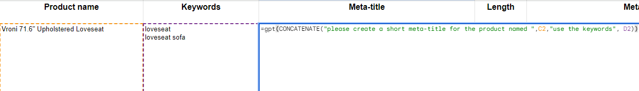 a gprt formula in sheets cell to generate a product meta-title