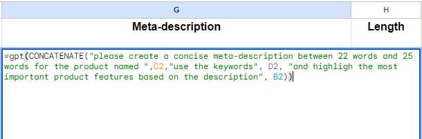 a gprt formula in sheets cell to generate a product meta-description