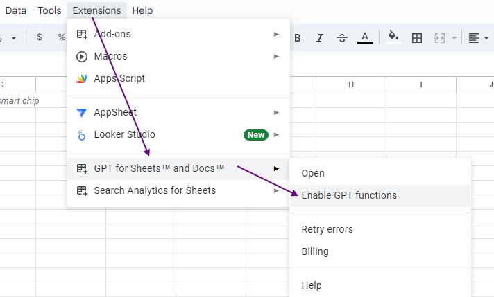 gpt for sheets add-on added to a sheets document