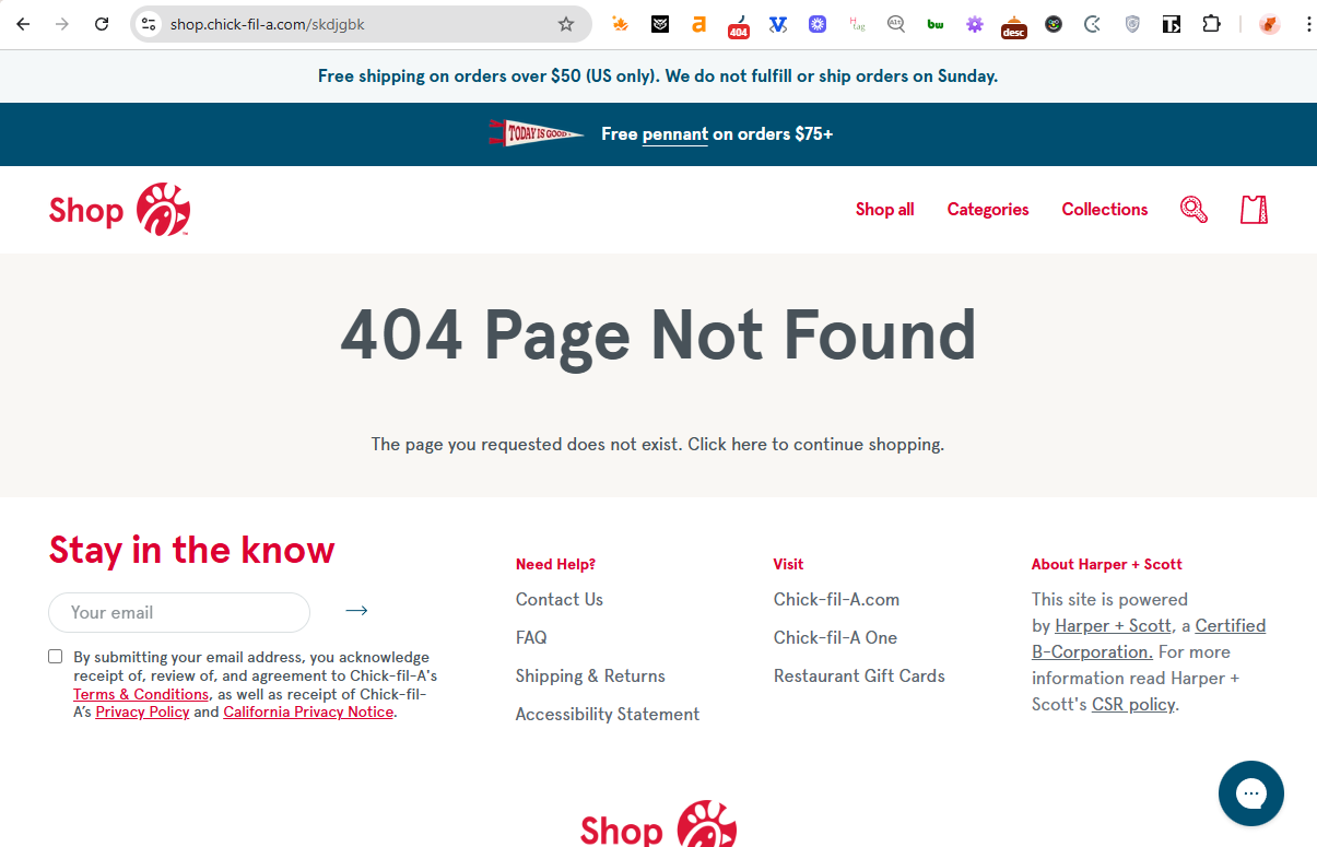 Chick-fil-A 404 page on the shop subdomain